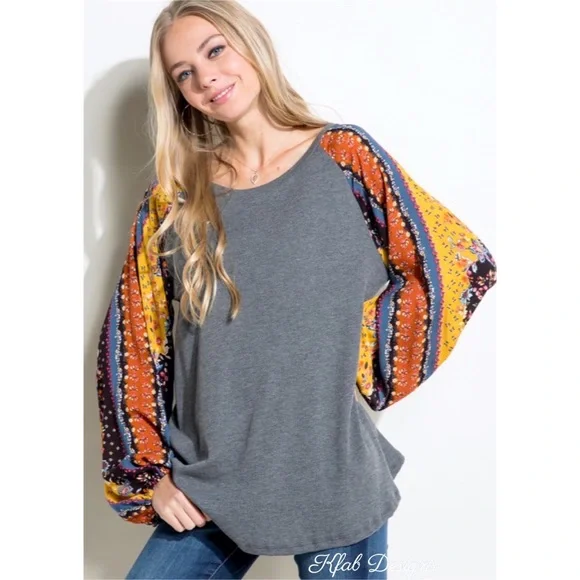 ❤️LAST 1! Boho Floral Mix Puff Sleeve Ribbed Knit Super Soft Top! - Picture 7 of 7